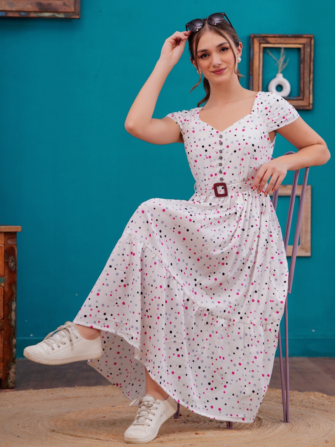 

HIGHLIGHT FASHION EXPORT Women Polka Dots Printed Fit & Flare Midi Dress, White
