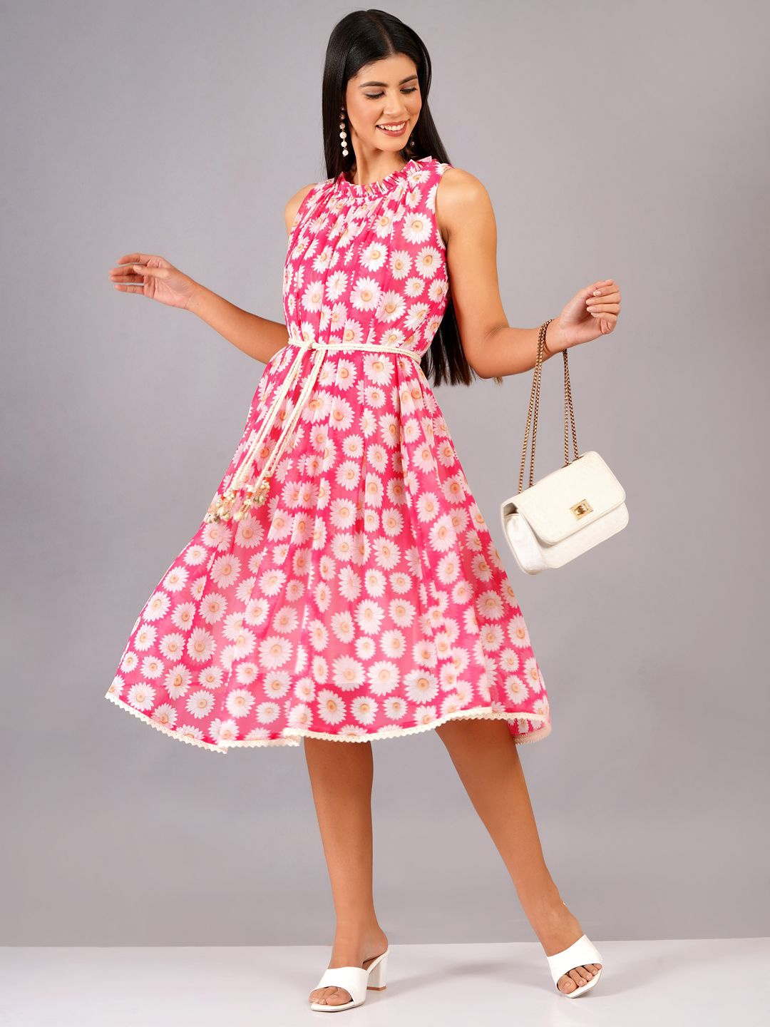 

HIGHLIGHT FASHION EXPORT Floral Printed Fit & Flare Midi Dress, Pink