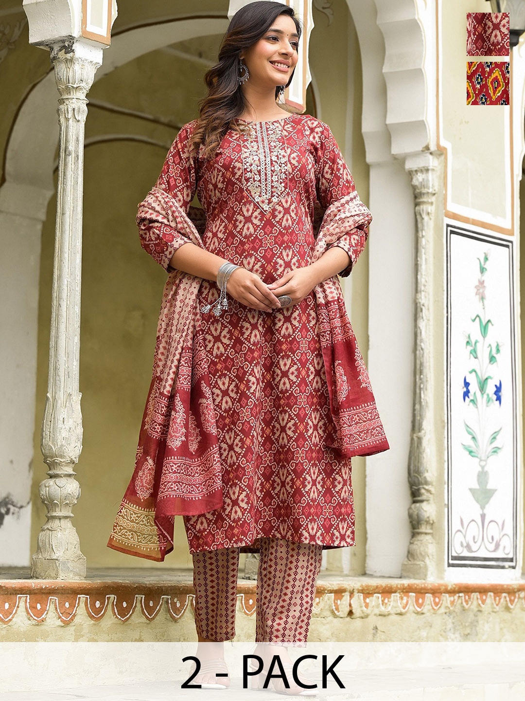 

KALINI Selection Of 2 Geometric Motifs Printed Embellished Kurtas With Trousers & Dupattas, Brown