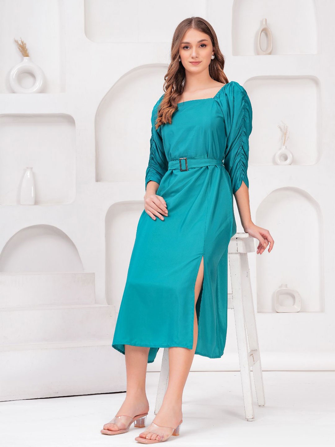 

HIGHLIGHT FASHION EXPORT Women Side Slit Fit & Flare Midi Dress, Teal