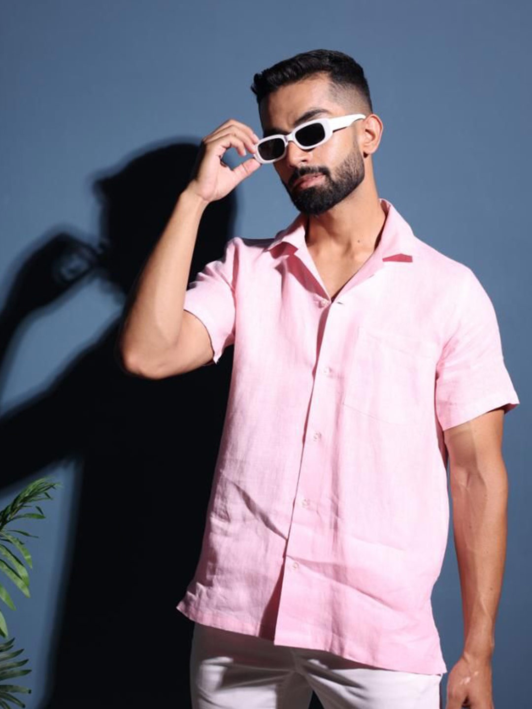 

INAAYA JAIPUR Men Classic Relaxed Fit Cuban Collar Solid Linen Casual Shirt, Pink