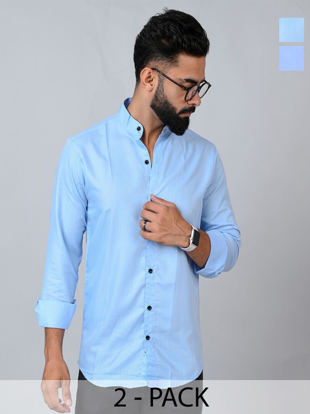 

Tanip Men Pack Of 2 Band Collar Solid Cotton Casual Shirts, Turquoise blue