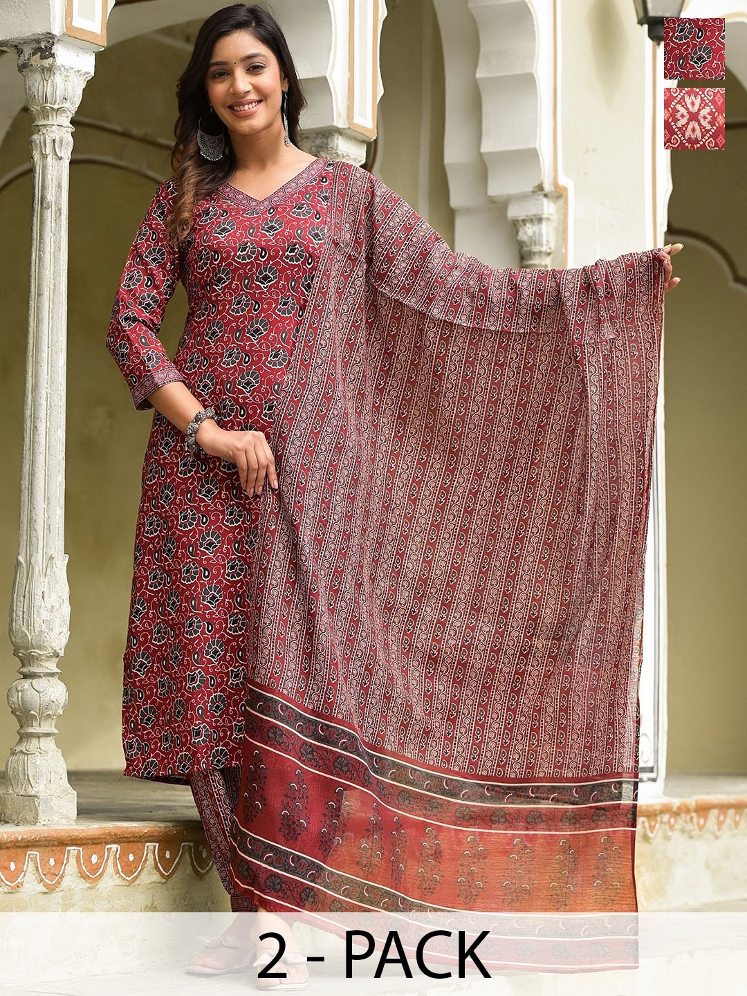 

KALINI Selection Of 2 Geometric Motifs Printed Embellished Kurtas With Trousers & Dupattas, Red