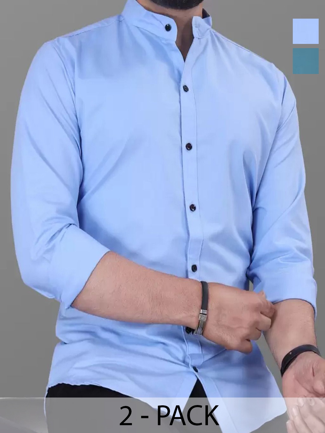 

Tanip Men Pack Of 2 Band Collar Solid Cotton Casual Shirts, Blue