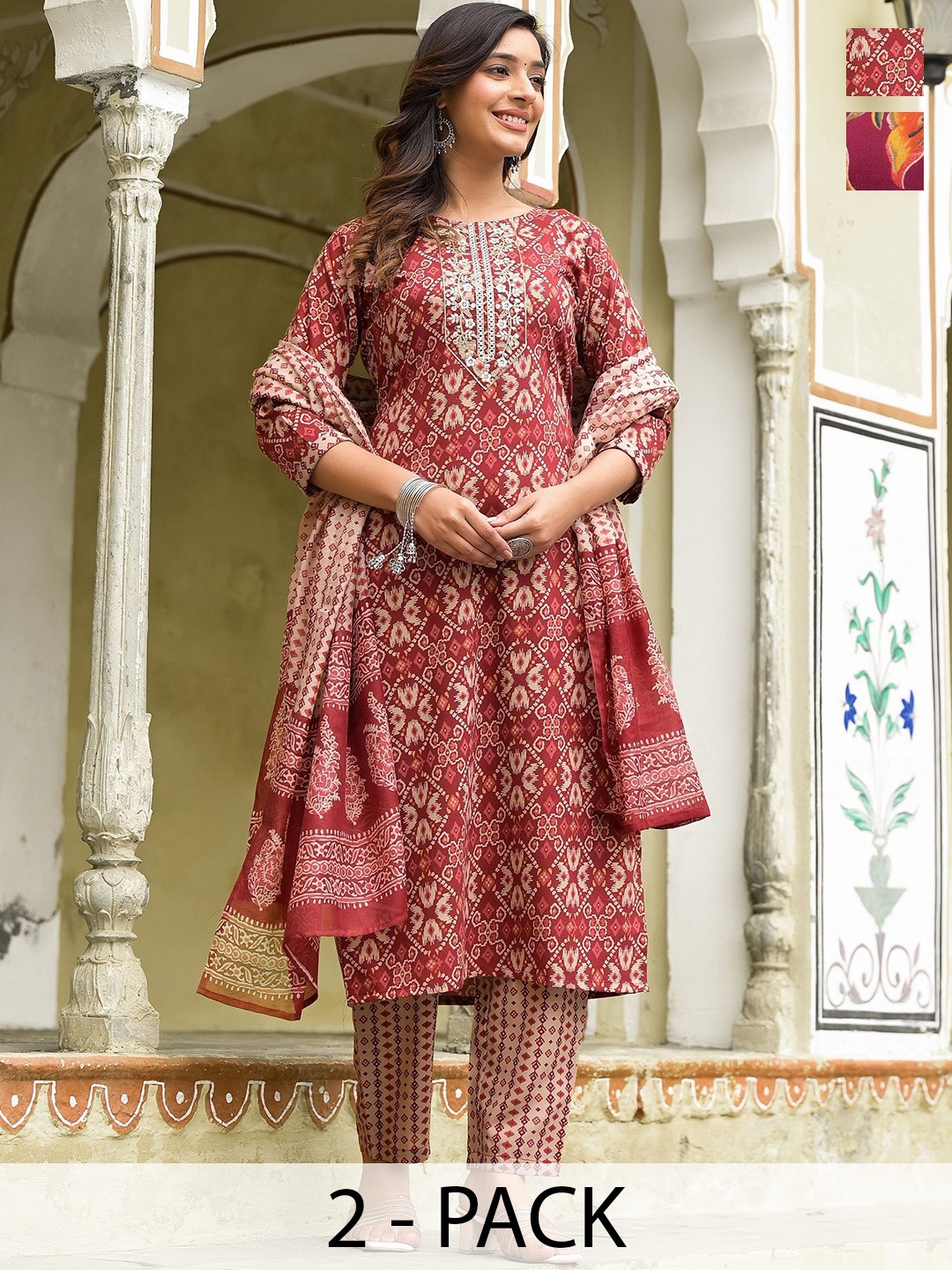 

KALINI Selection Of 2 Geometric Motifs Printed Embellished Kurtas With Trousers & Dupattas, Brown