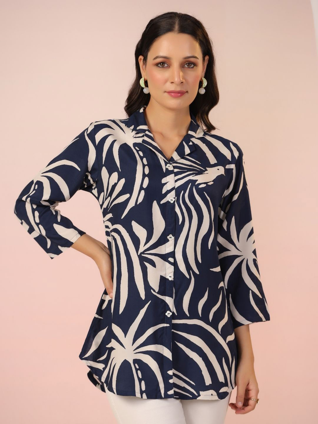 

Kaftanize Women Printed Shirt Style Top, Navy blue