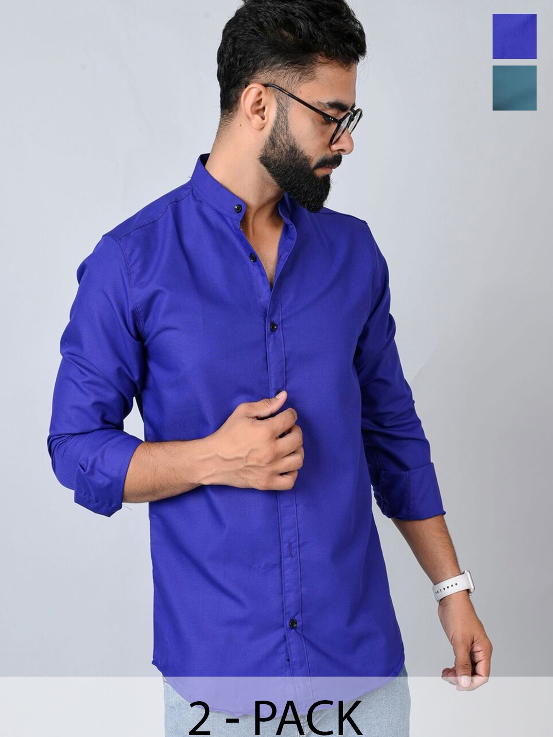 

Tanip Men Pack Of 2 Band Collar Solid Cotton Casual Shirts, Blue