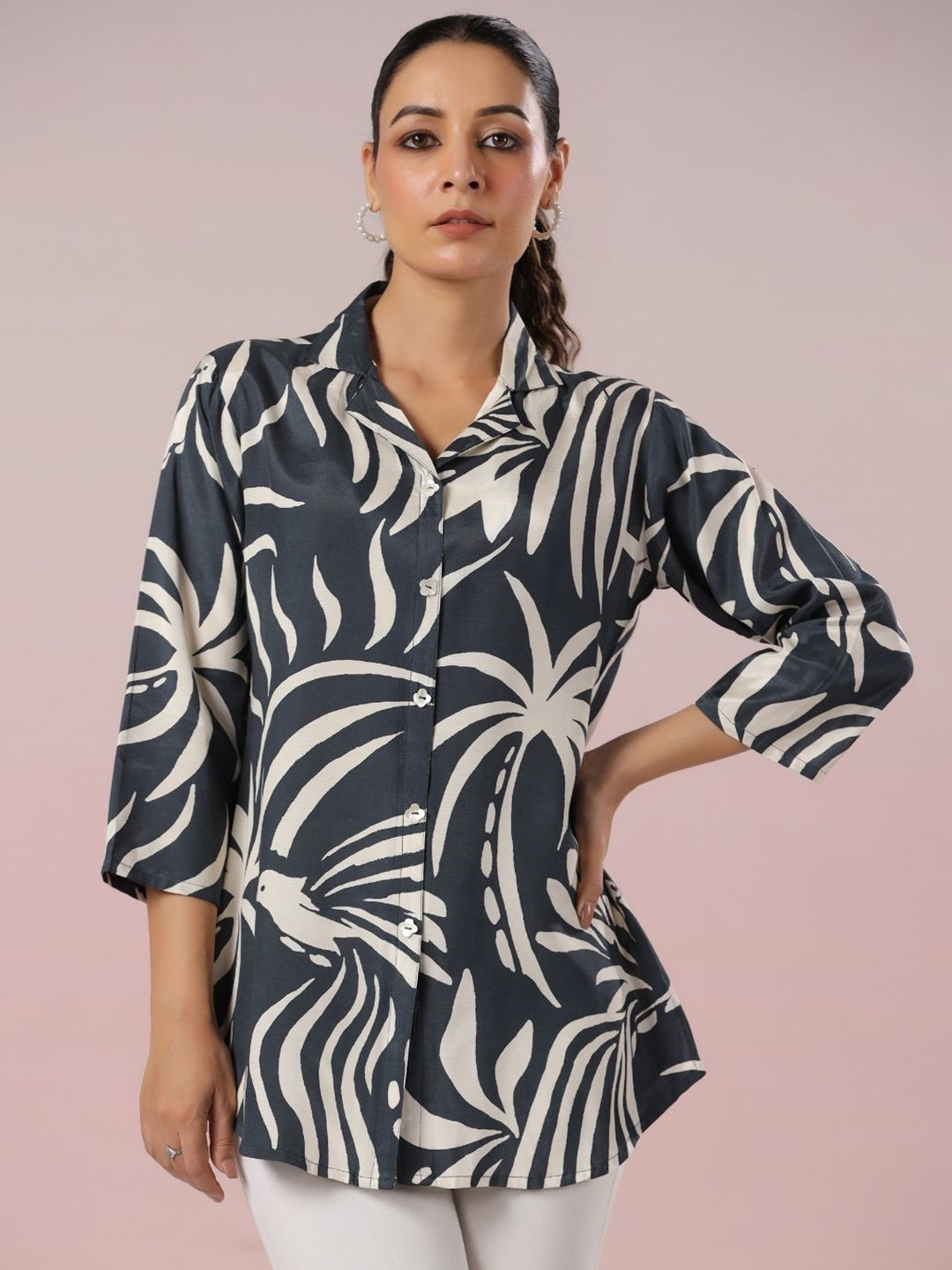 

Kaftanize Women Printed Shirt Style Top, Grey