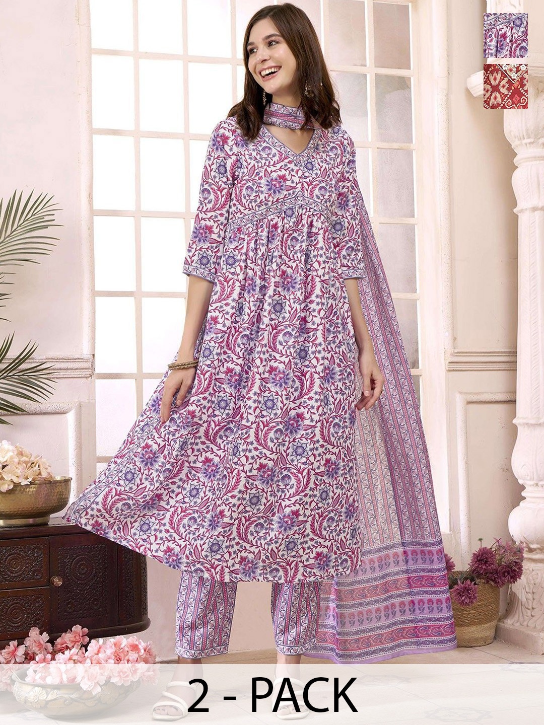 

KALINI Selection Of 2 Ethnic Motifs Printed Anarkali Kurtas with Trousers and Dupatta, Pink