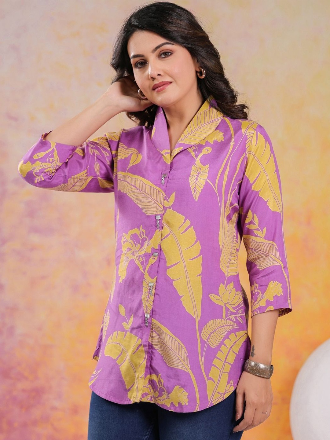 

Kaftanize Women Printed Shirt Style Top, Purple