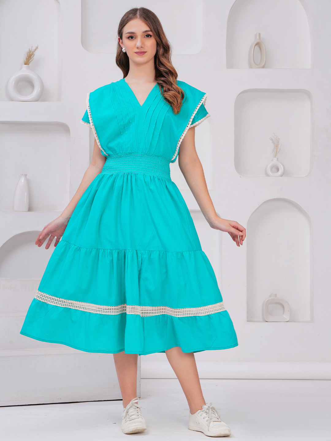 

HIGHLIGHT FASHION EXPORT Women Self Design Lace Detailed Fit & Flare Midi Dress, Turquoise blue