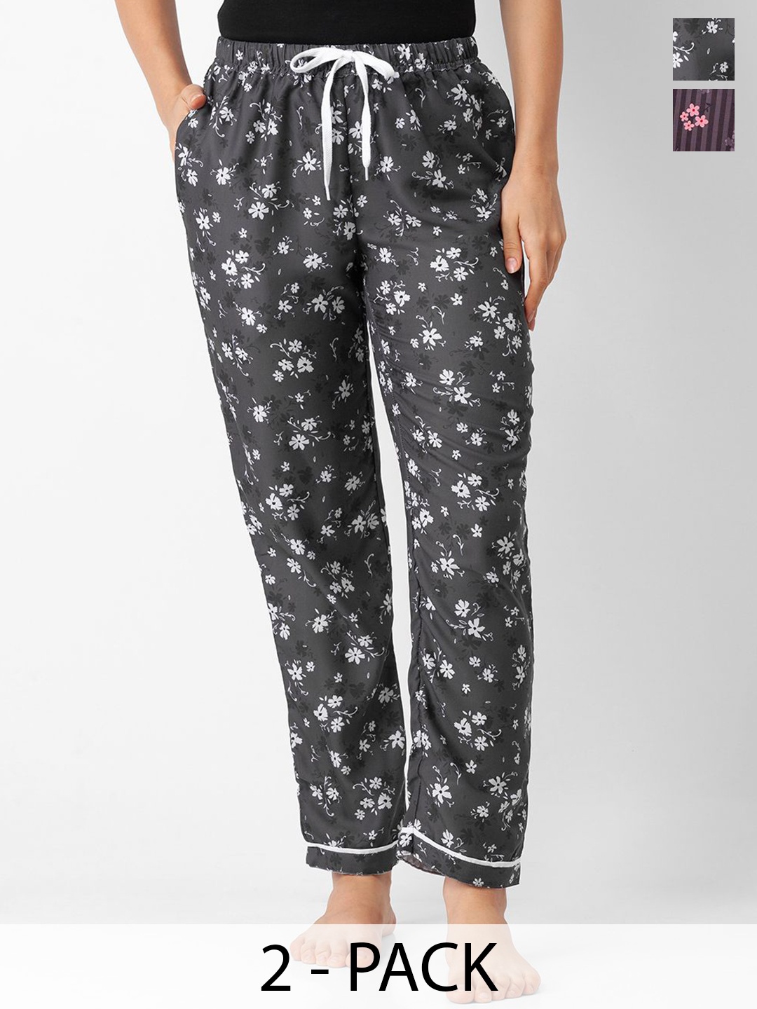 

NOIRA Pack Of 2 Women Printed Mid-Rise Lounge Pants, Grey