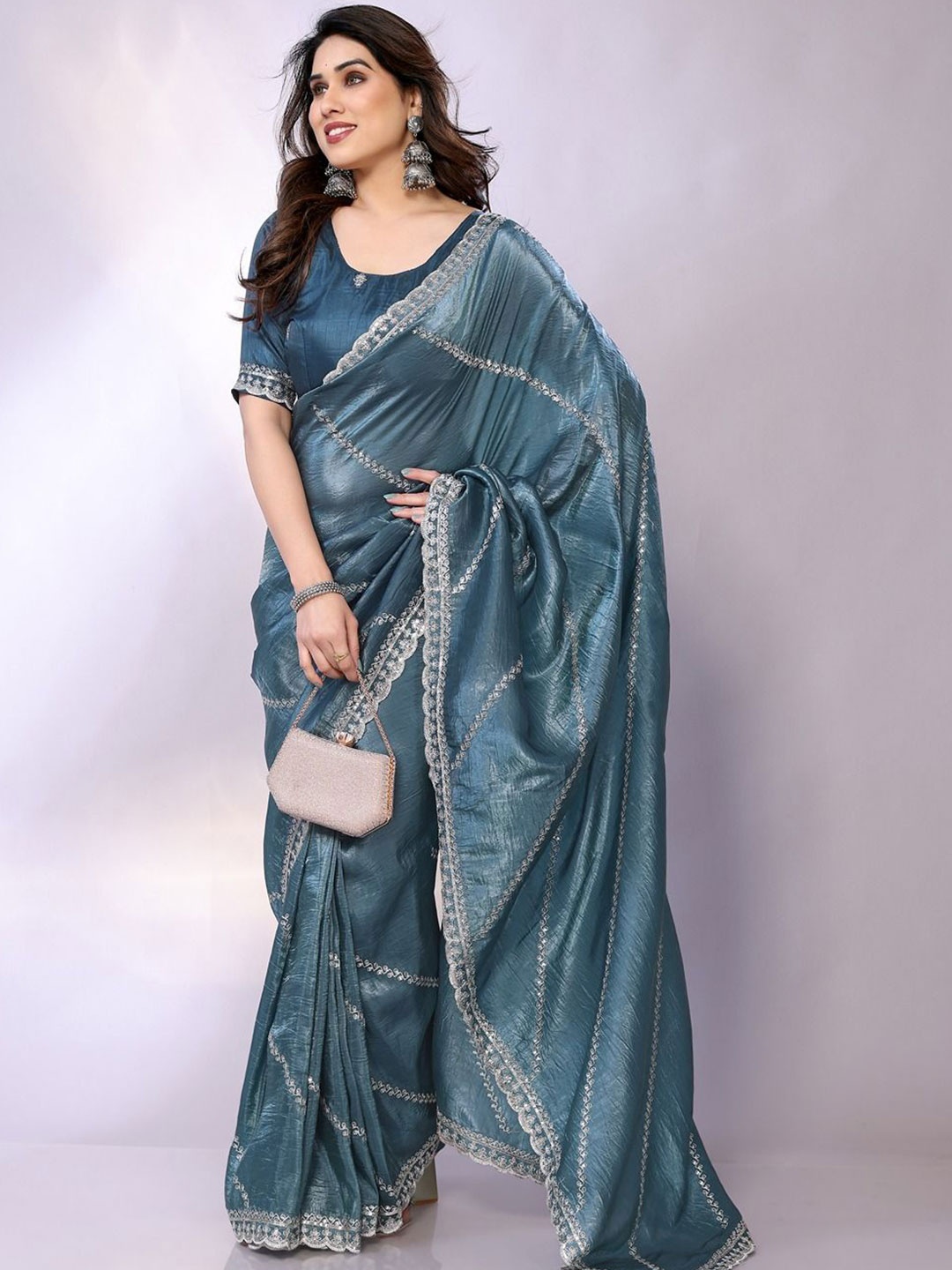 

FABMORA Tissue Designer Saree, Teal