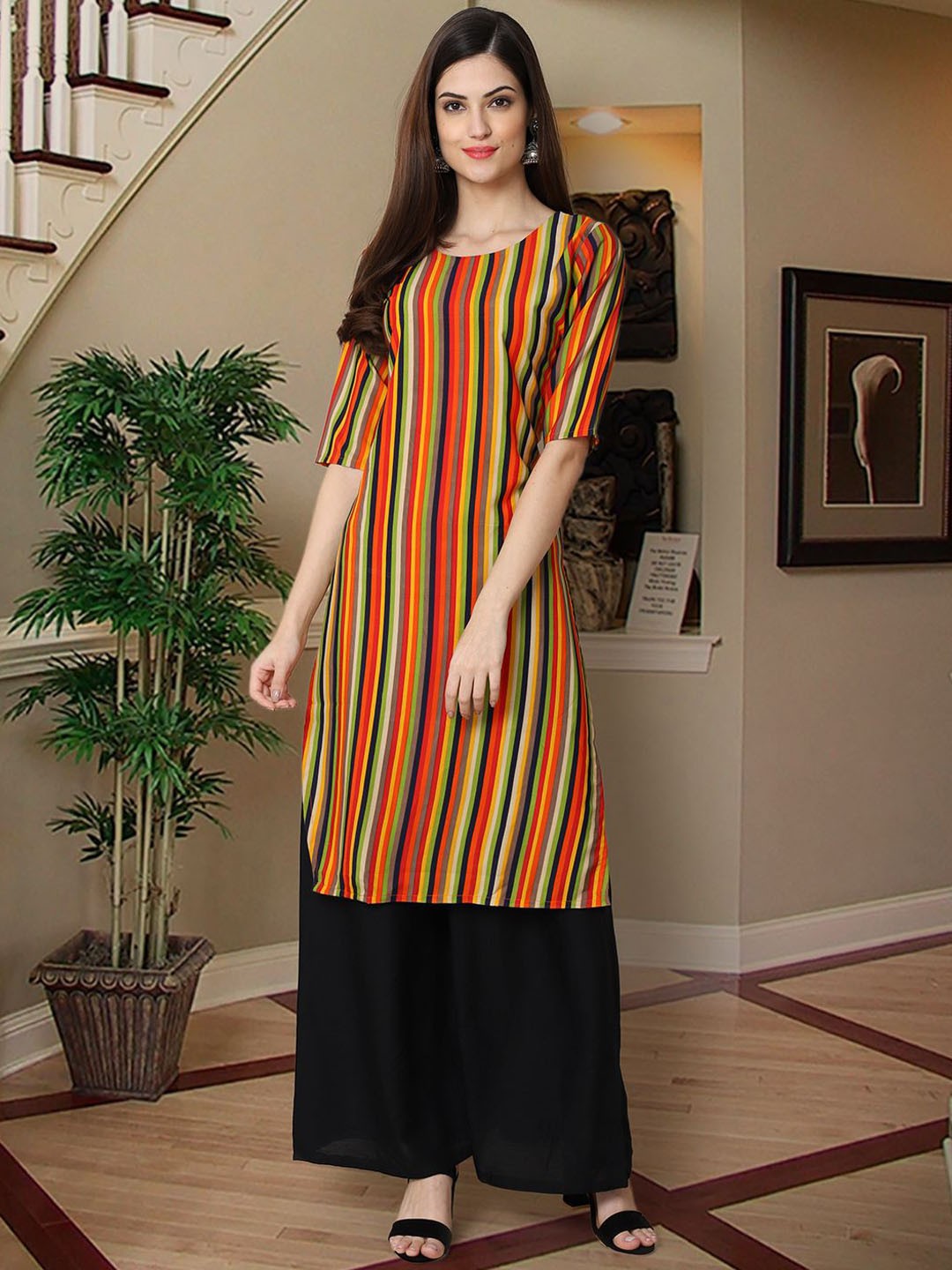 7Threads Striped Printed Crepe Straight Kurta, Yellow