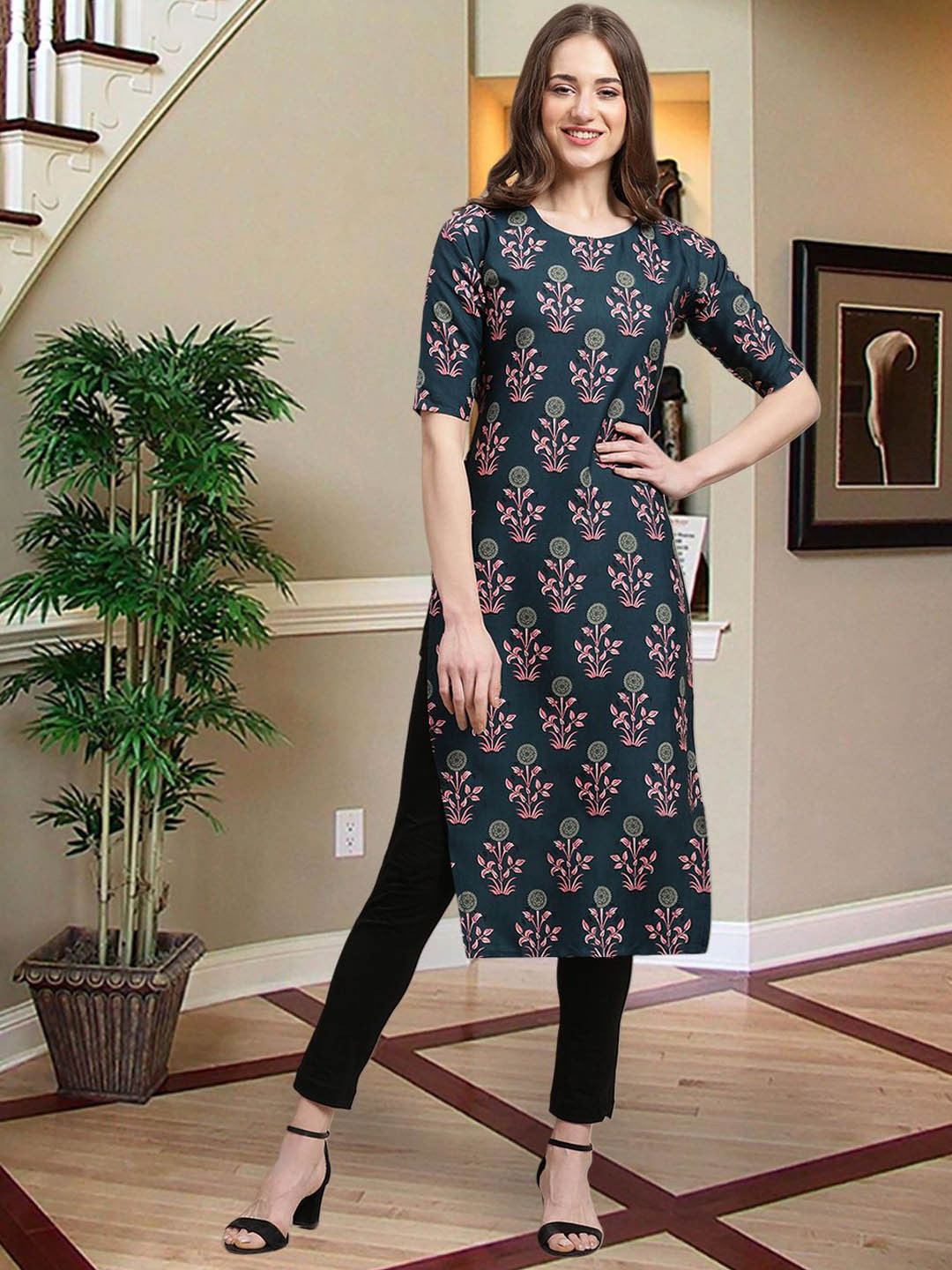 

7Threads Ethnic Motifs Printed Crepe Straight Kurta, Blue
