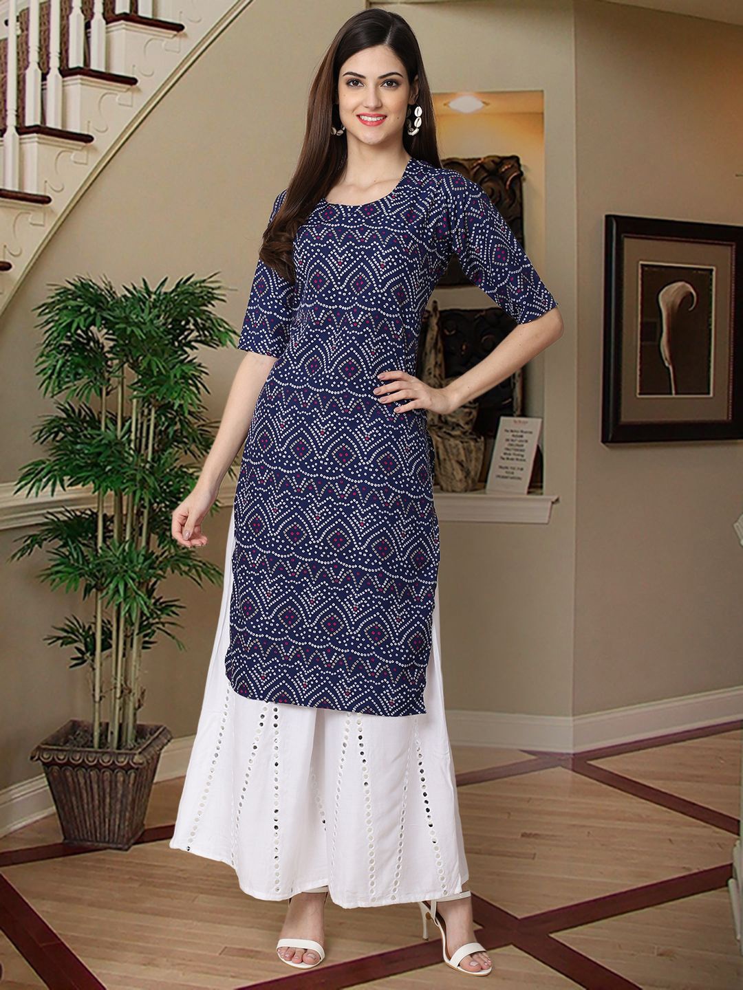 

7Threads Bandhani Printed Crepe Straight Kurta, Blue