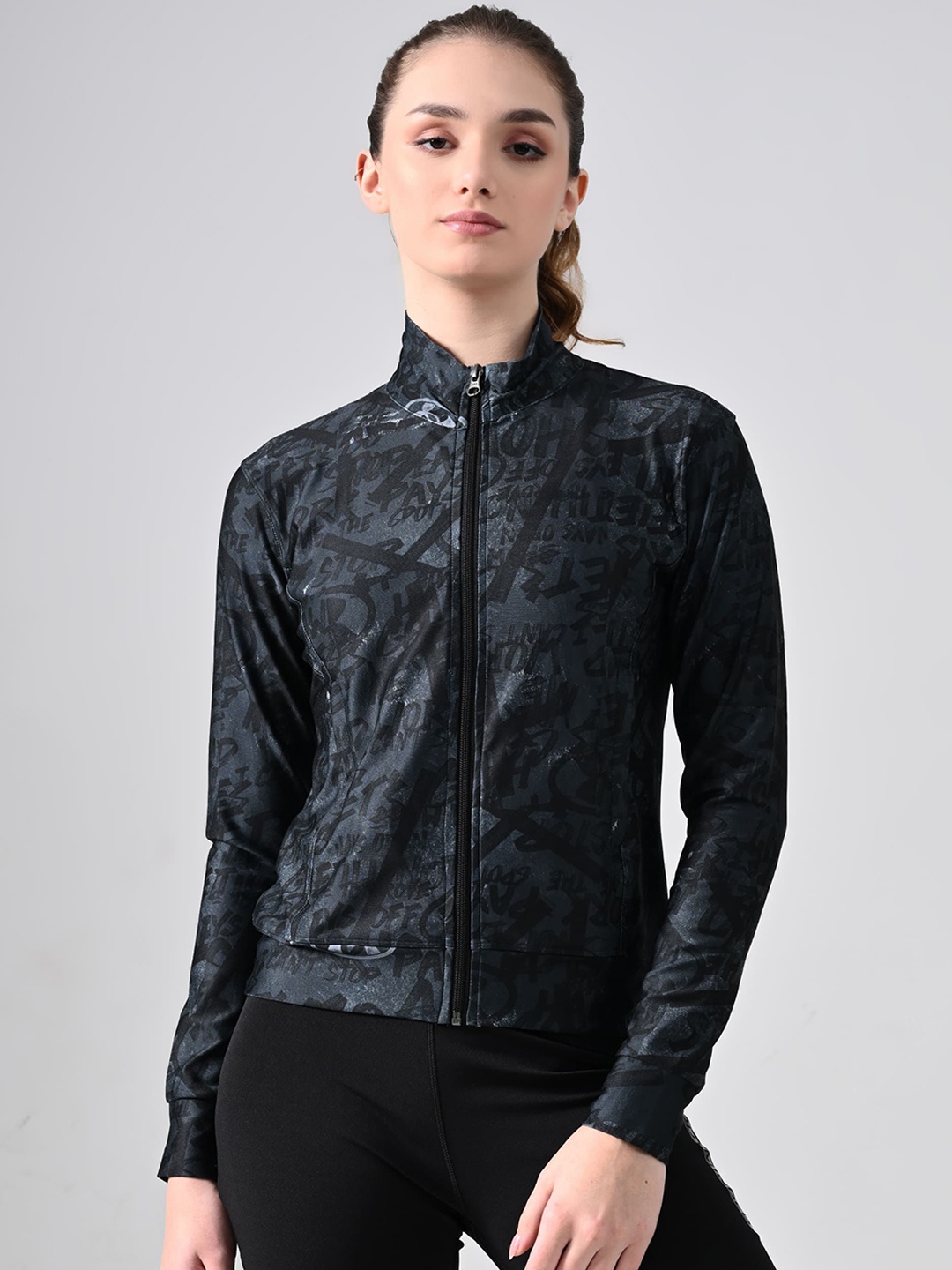 

Body Smith Women Dry Fit Typography Printed Mock Collar Bomber Jacket, Navy blue