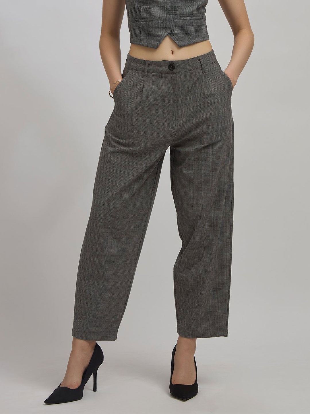 

Virgio Women Rescued Poly Fabric Crop Length Checks Trouser, Grey