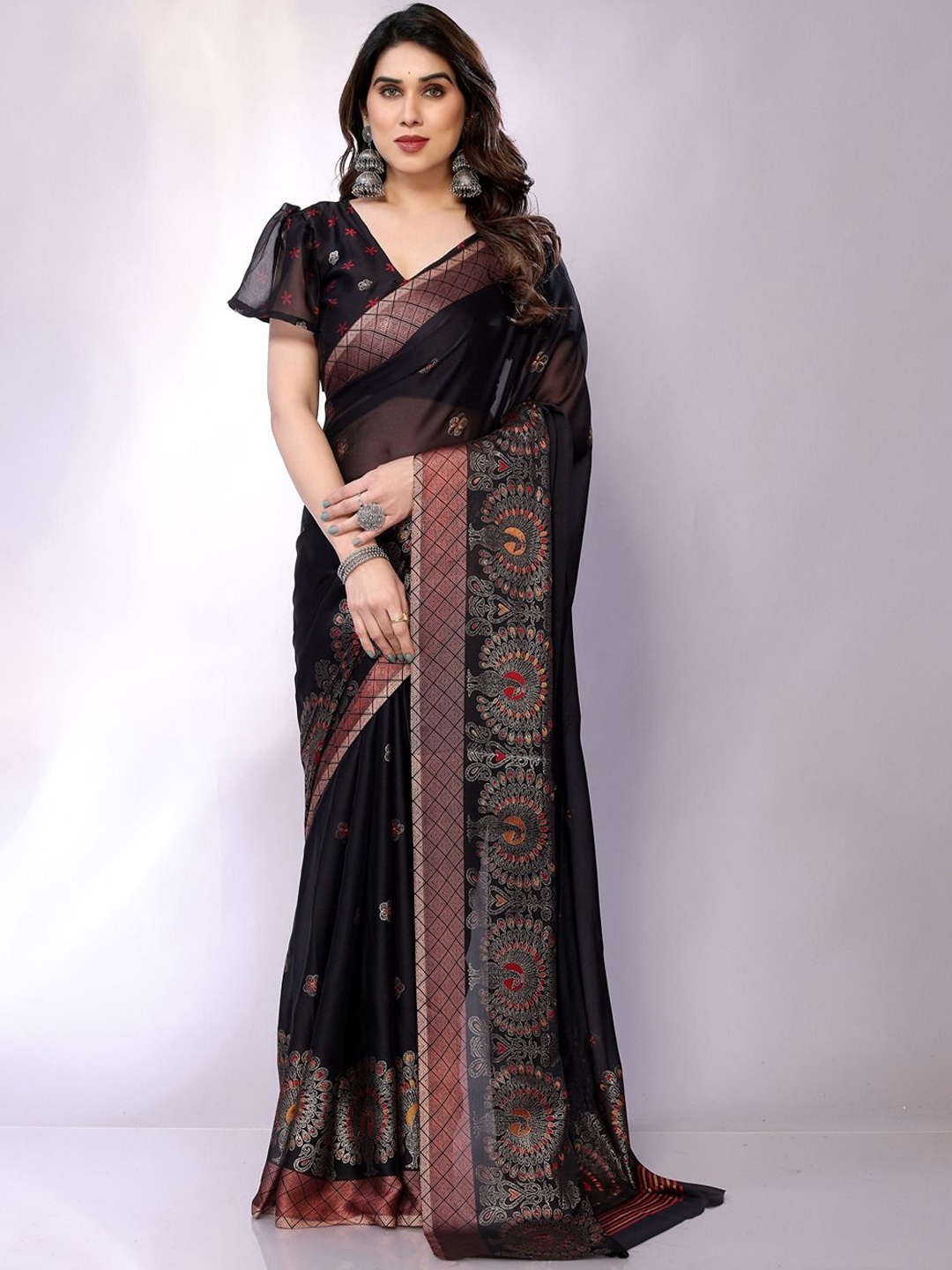 

FABMORA Ethnic Motifs Saree, Black