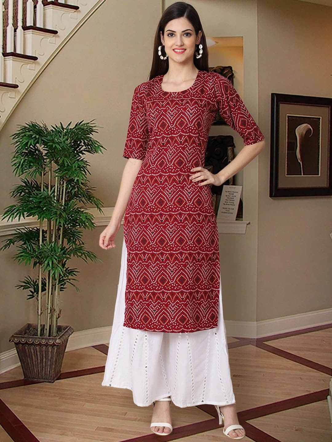 7Threads Bandhani Printed Crepe Straight Kurta, Maroon