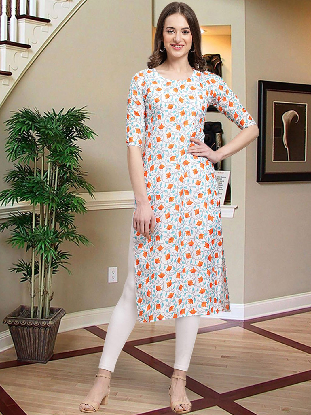 

7Threads Floral Printed Crepe Straight Kurta, White