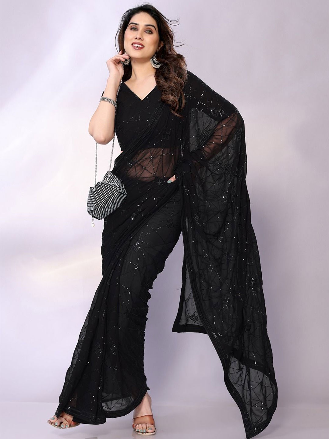 

FABMORA Embellished Sequinned Pure Georgette Saree, Black