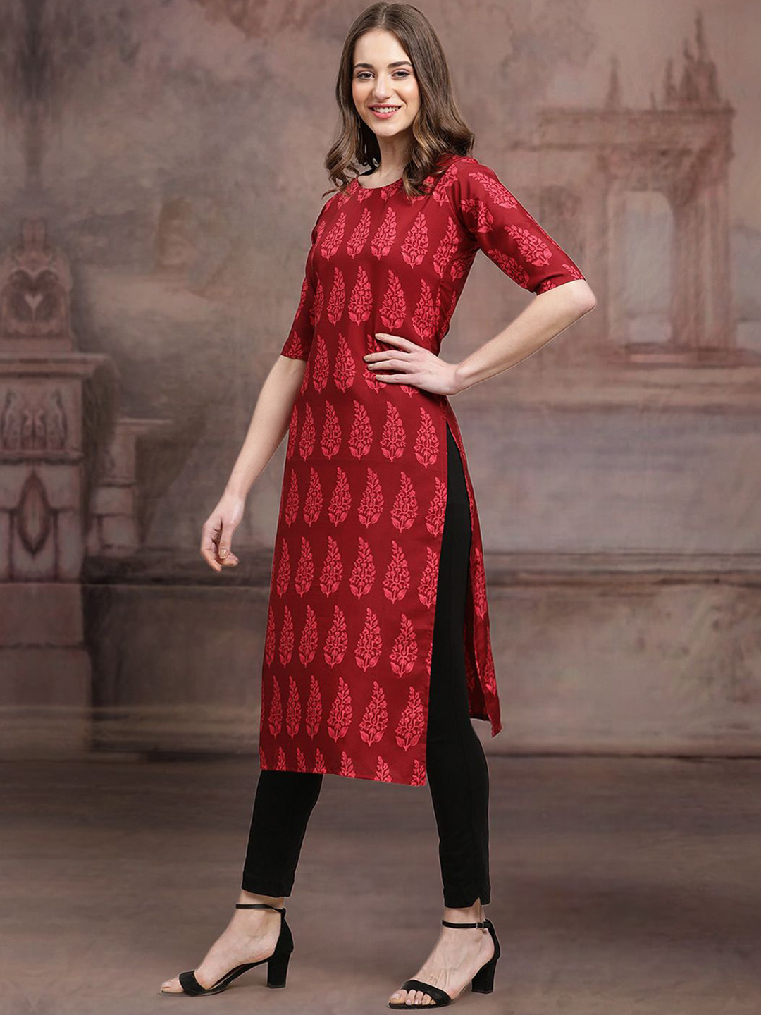 

7Threads Paisley Printed Crepe Straight Kurta, Red