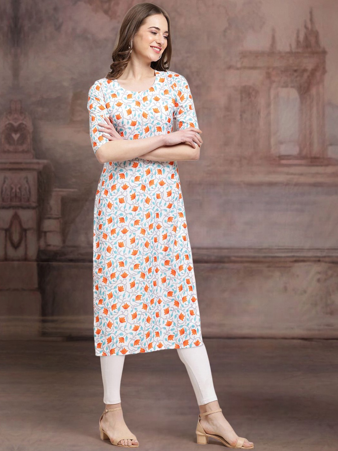 

7Threads Floral Printed Crepe Straight Kurta, White