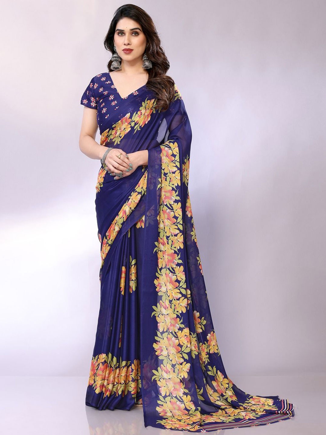 

FABMORA Floral Printed Saree, Navy blue