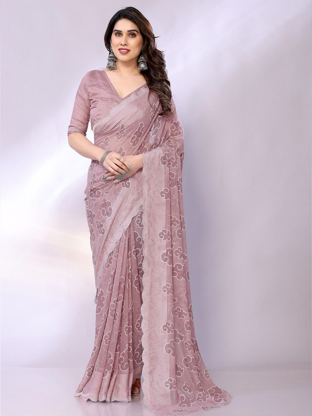 

FABMORA Women Embroidered Printed Saree, Mauve