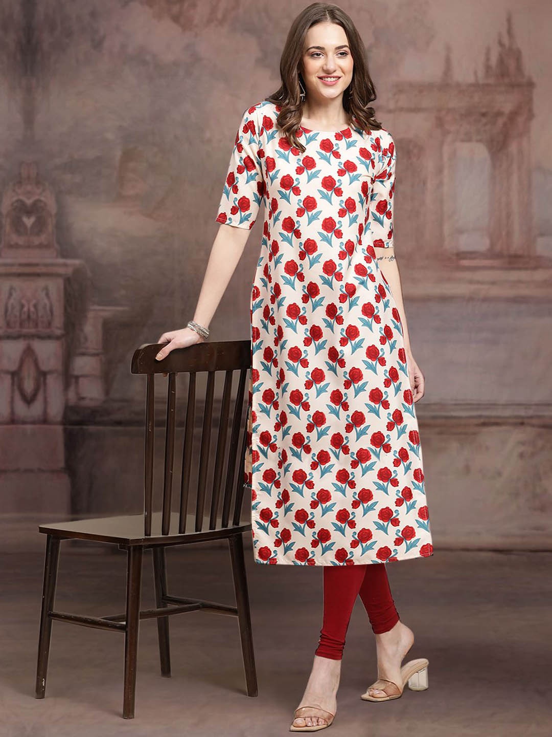 

7Threads Floral Printed Crepe Straight Kurta, Red