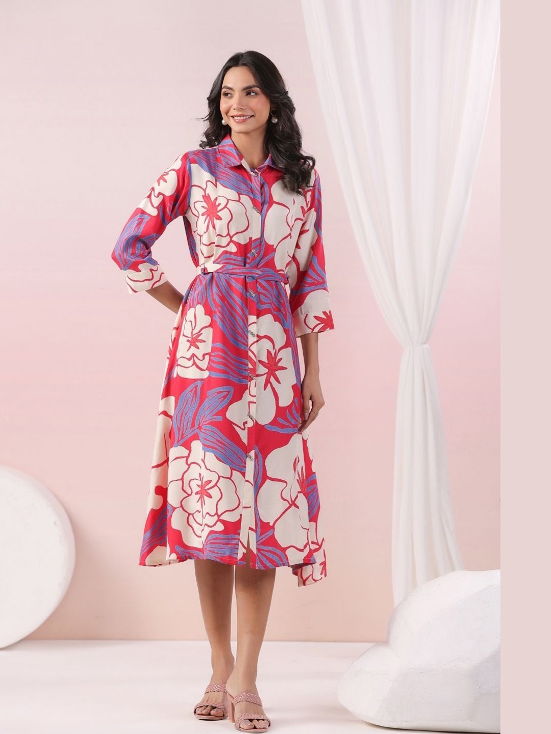 

Kaftanize Floral Printed Russian Silk Dress, Pink