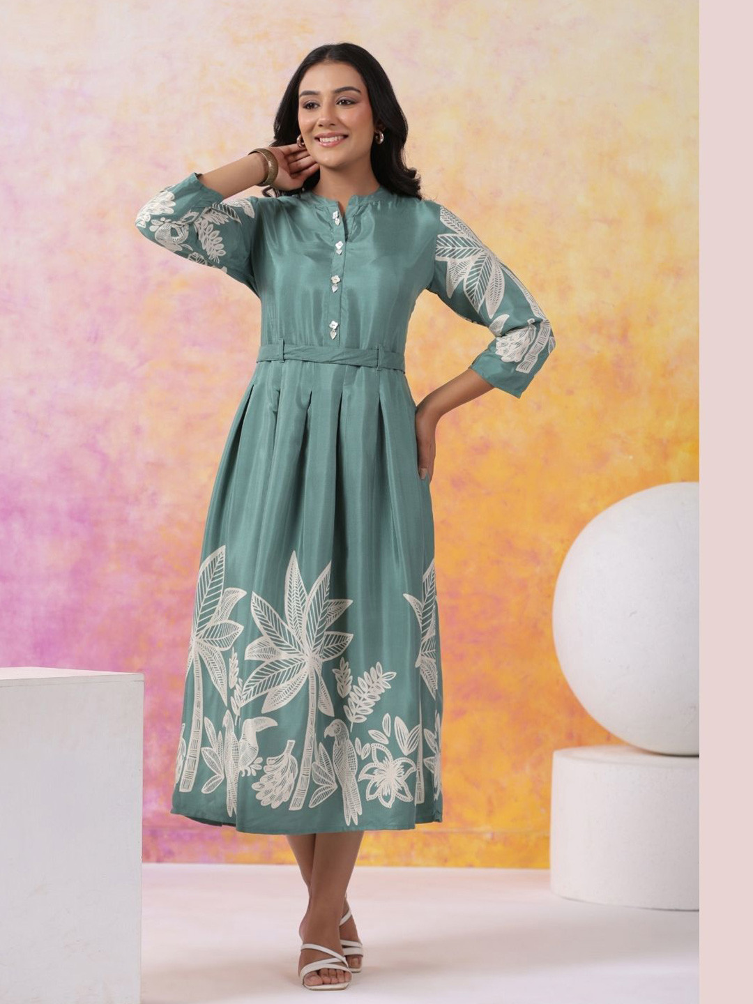 

Kaftanize Floral Printed Russian Silk Dress, Green