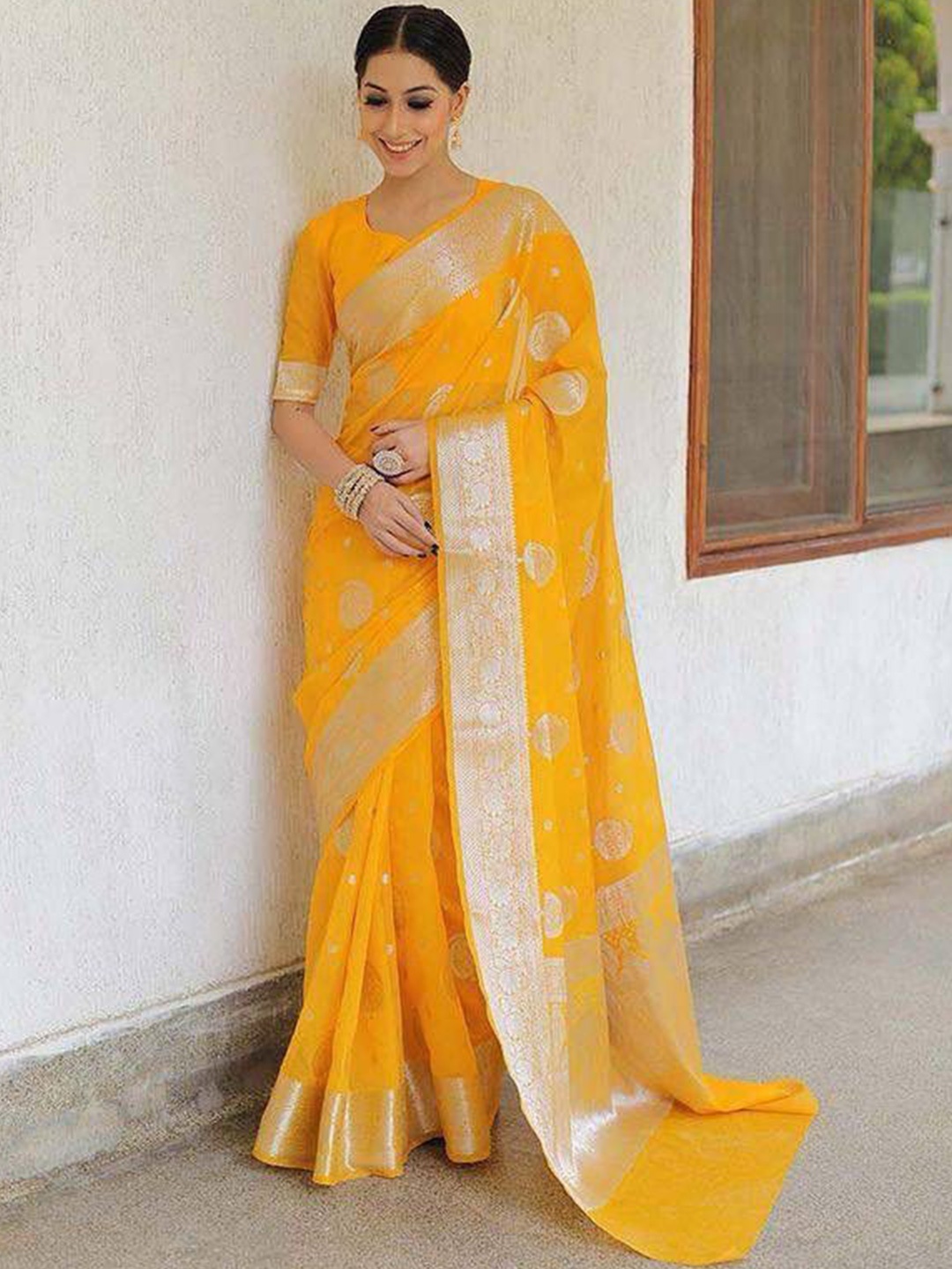 

Marziyaa Woven Design Zari Silk Cotton Banarasi Saree, Yellow