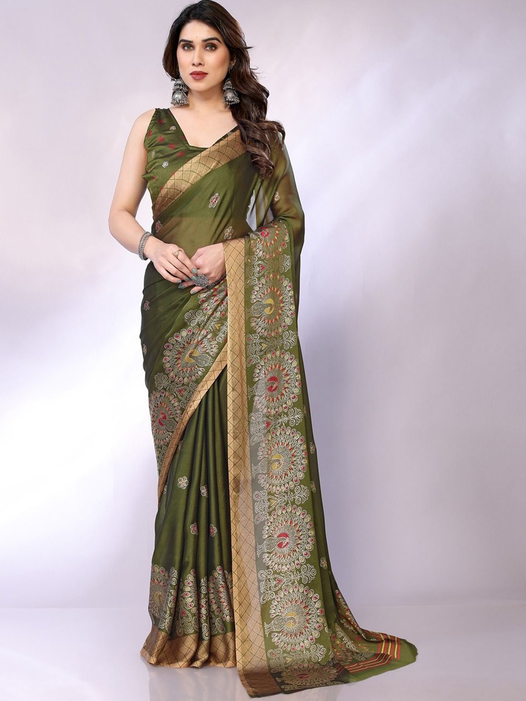 

FABMORA Floral Printed Saree, Olive