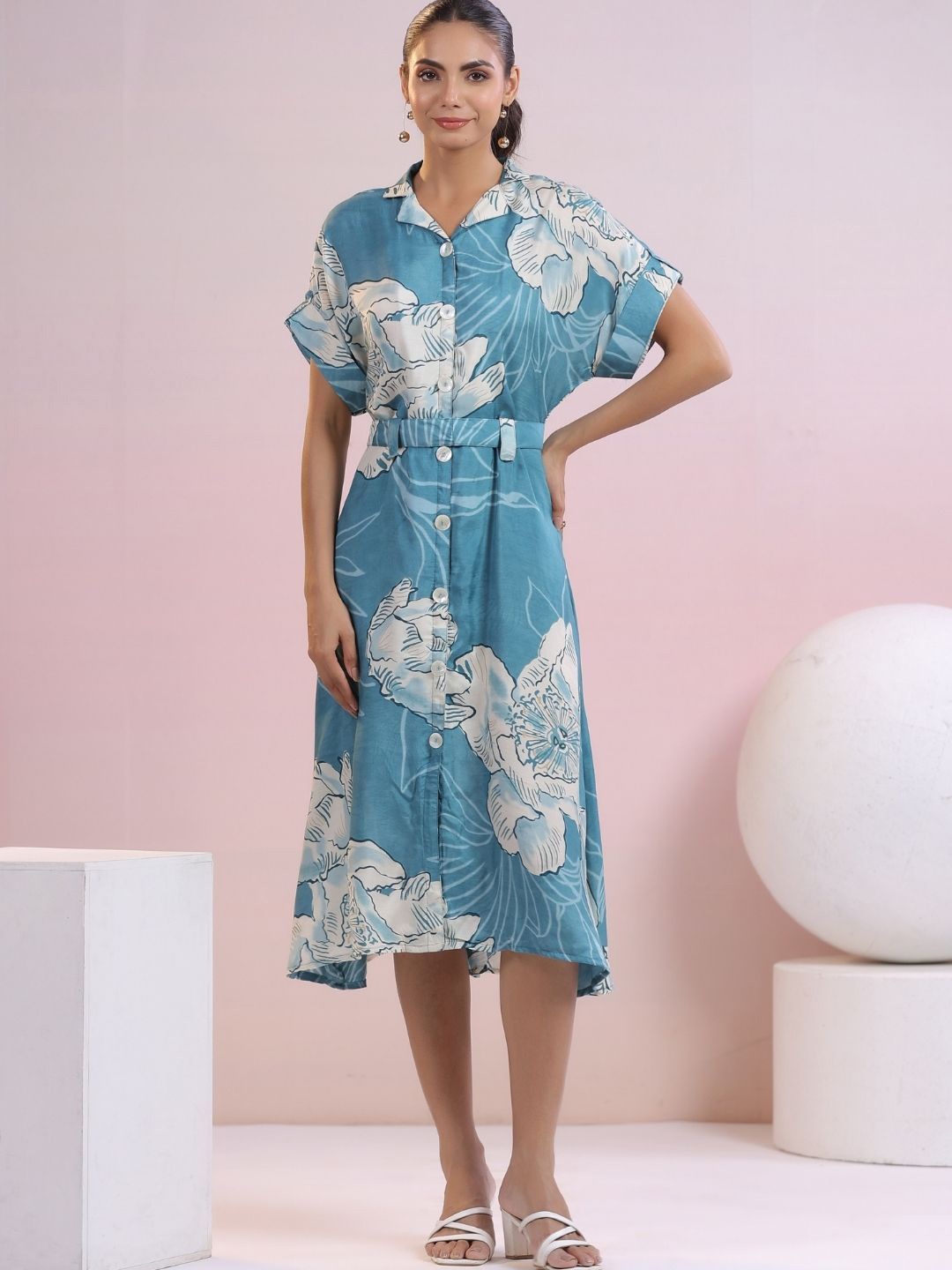 

Kaftanize Floral Printed Russian Silk Dress, Blue