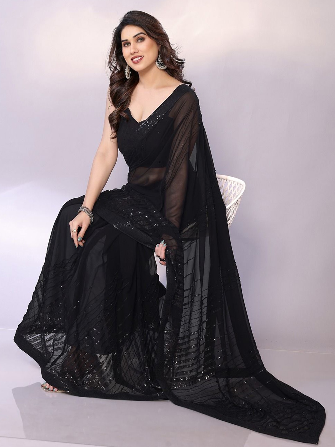 

FABMORA Striped Sequinned Pure Georgette Saree, Black