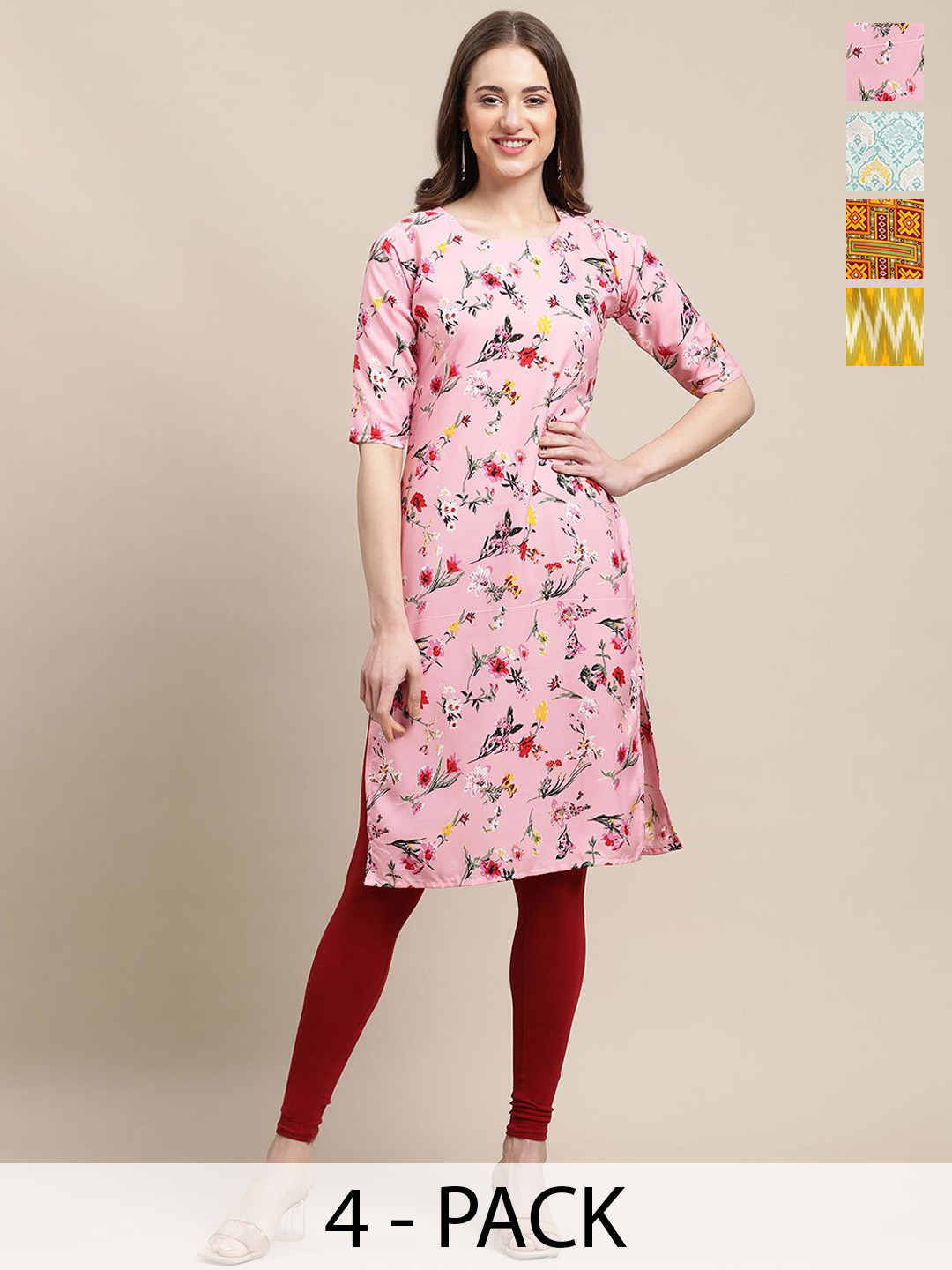 

7Threads Selection of 4 Floral Printed Crepe Straight Kurtas, Pink