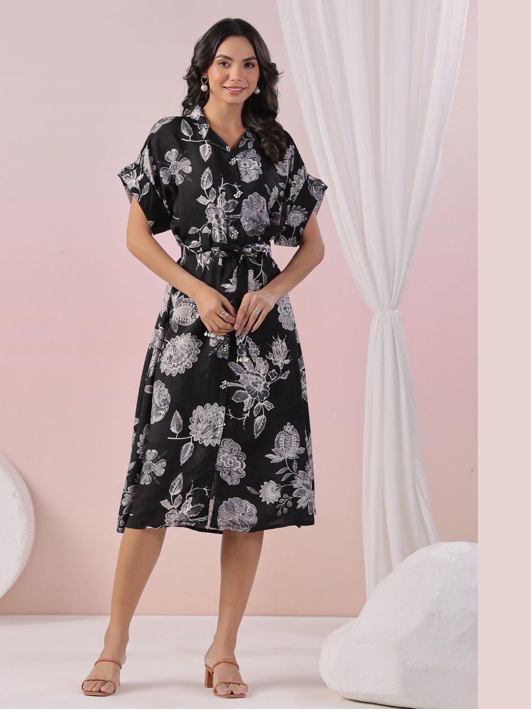 

Kaftanize Floral Printed Shirt Dress, Black