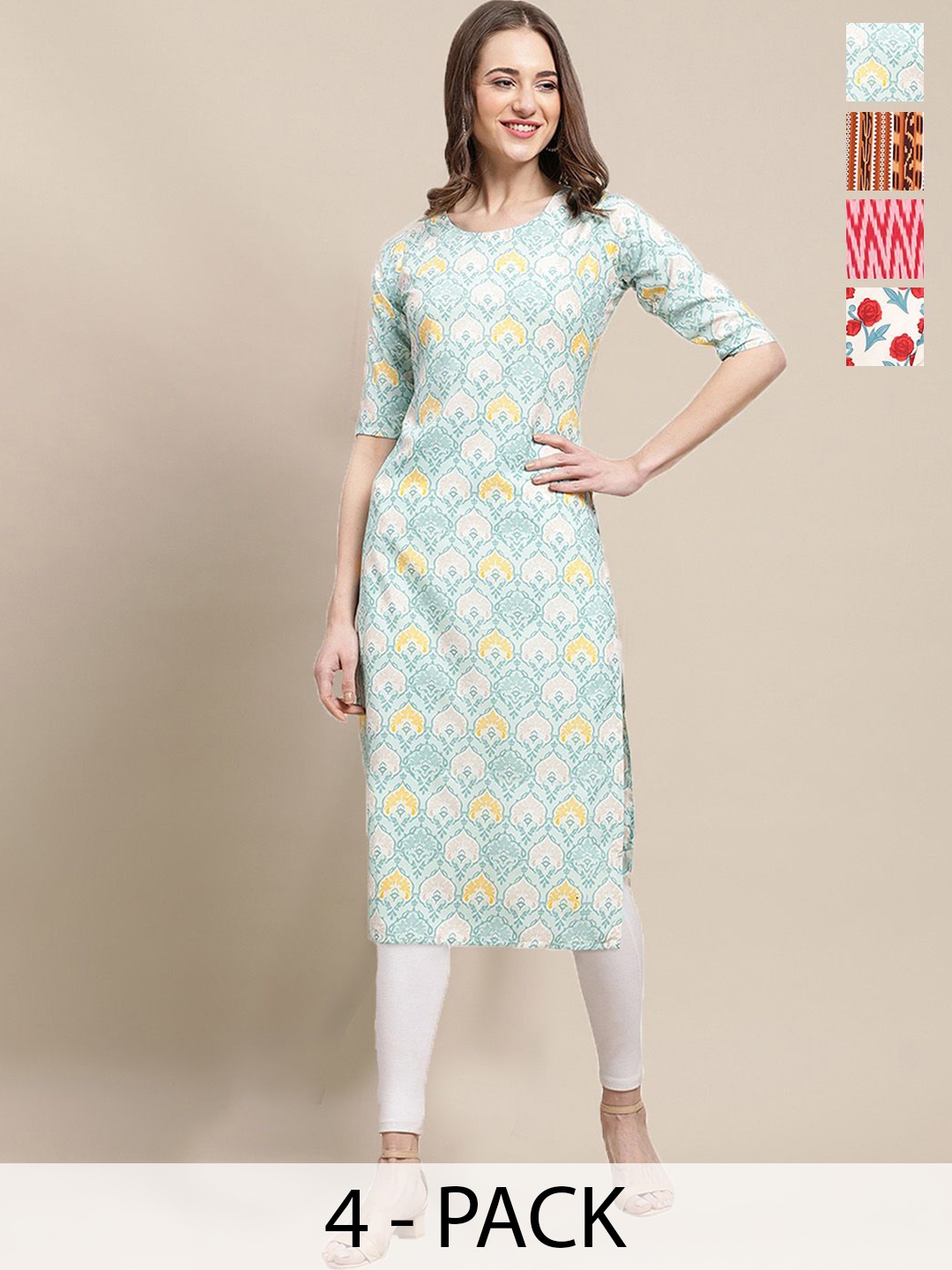 

7Threads Selection of 4 Geometric Printed Crepe Straight Kurtas, Blue
