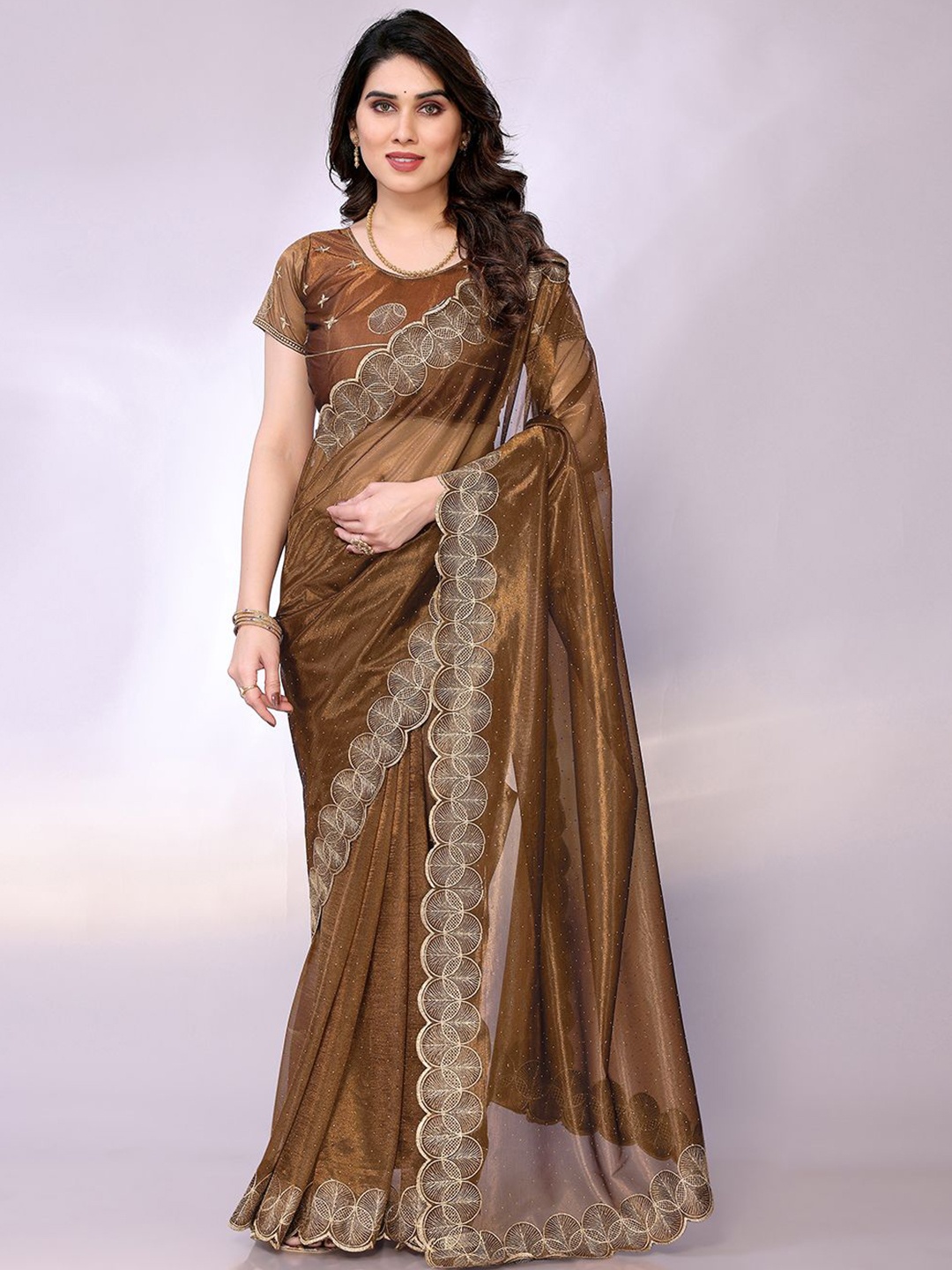 

FABMORA Embellished Beads and Stones Organza Saree, Brown