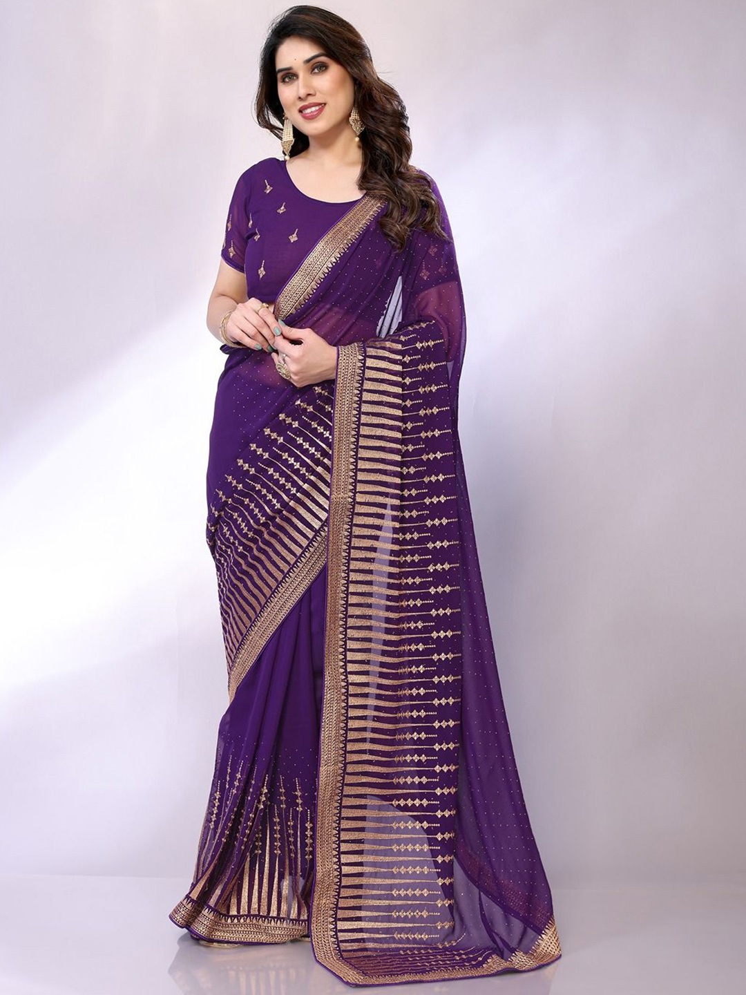 

FABMORA Polka Dot Embroidered Pure Georgette Saree, Purple