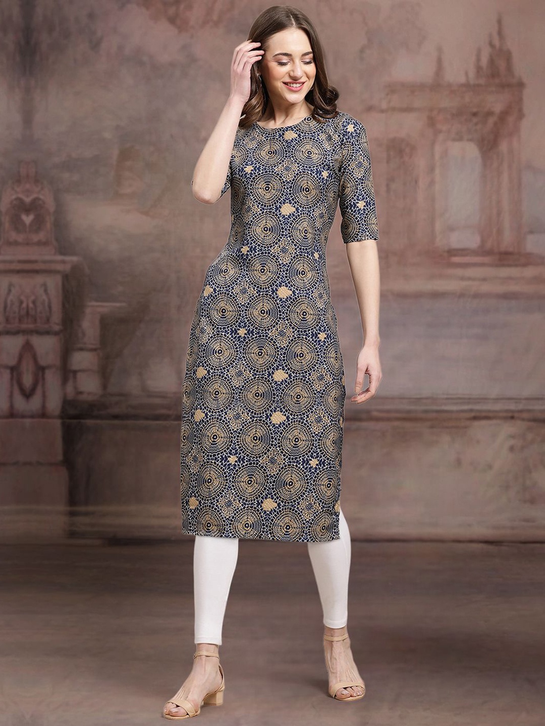 

7Threads Floral Printed Crepe Straight Kurta, Blue