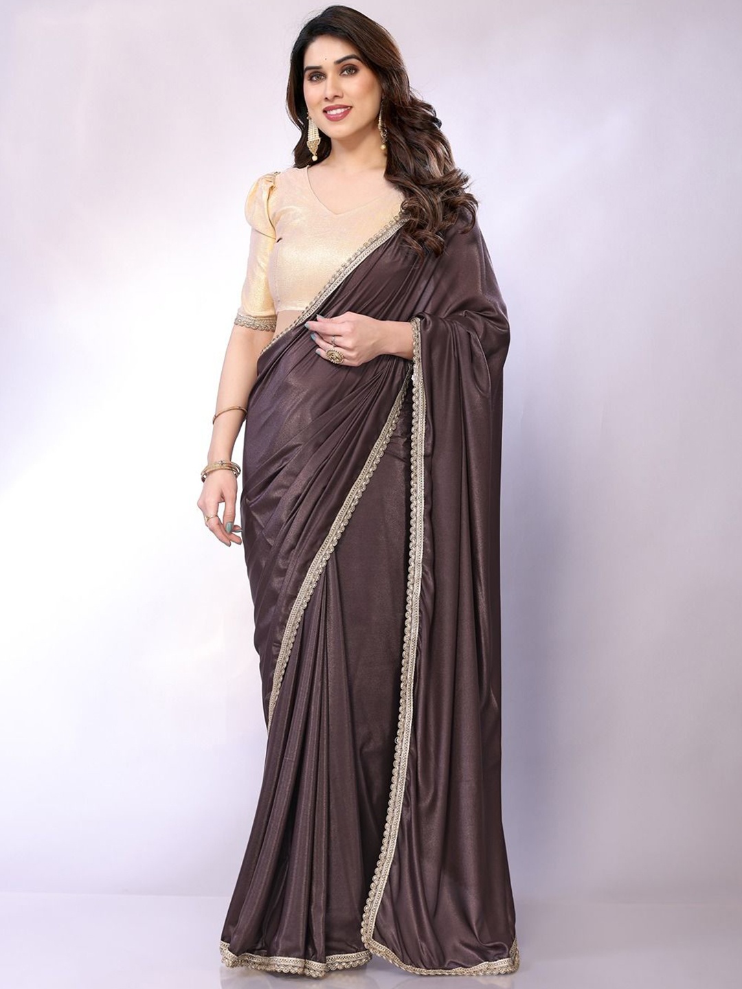 

FABMORA Embroidered Saree, Brown