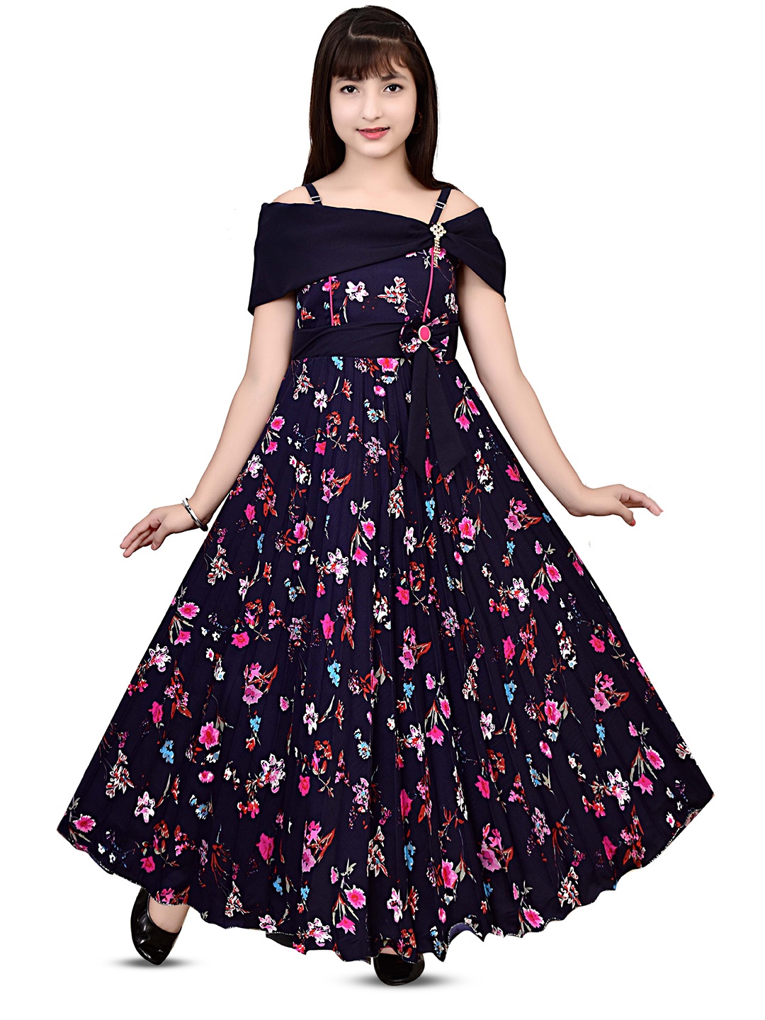

AJIZA GARMENTS Girls Floral Printed Cotton Maxi Dress, Navy blue