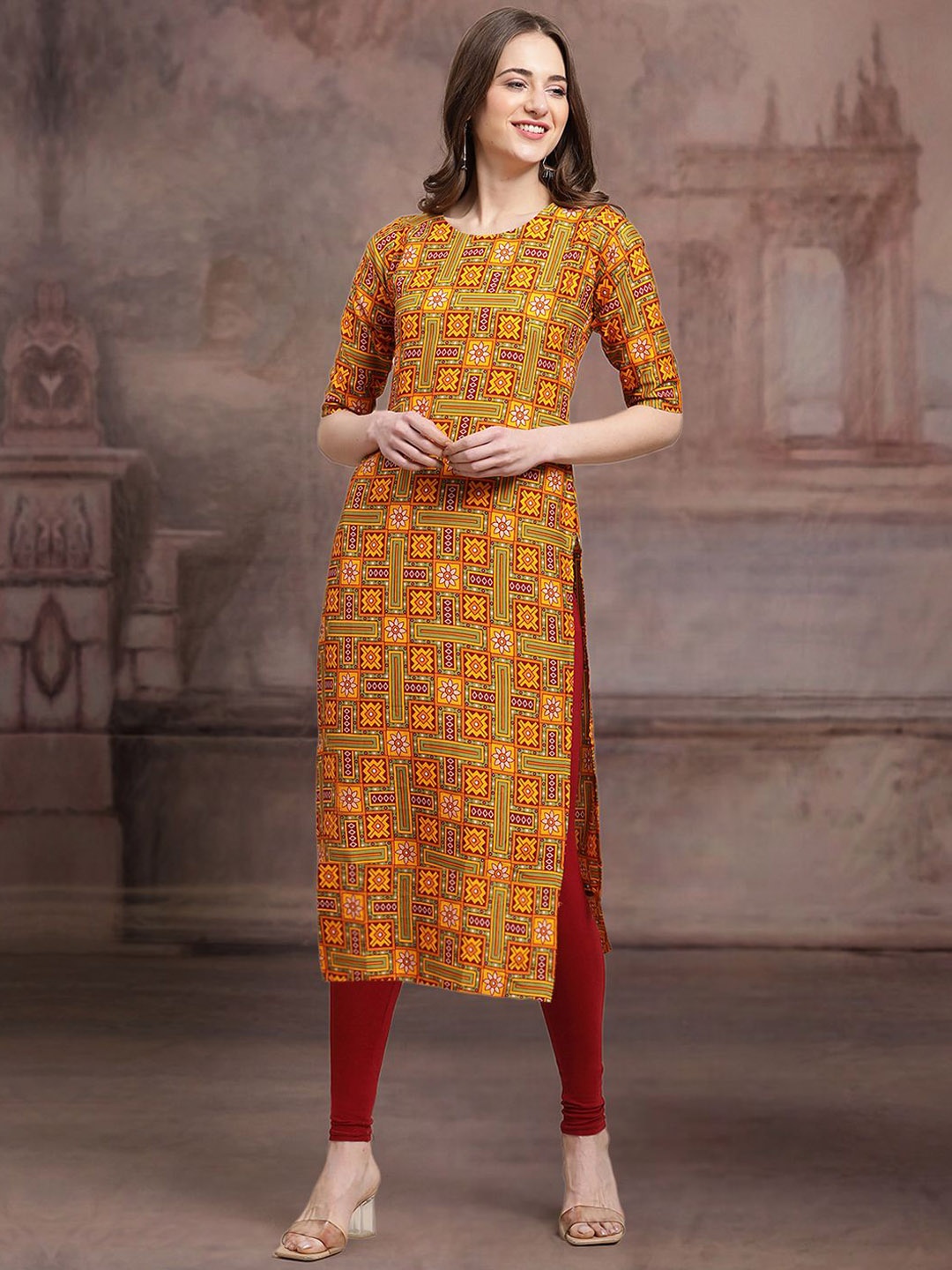 

7Threads Geometric Printed Crepe Straight Kurta, Mustard