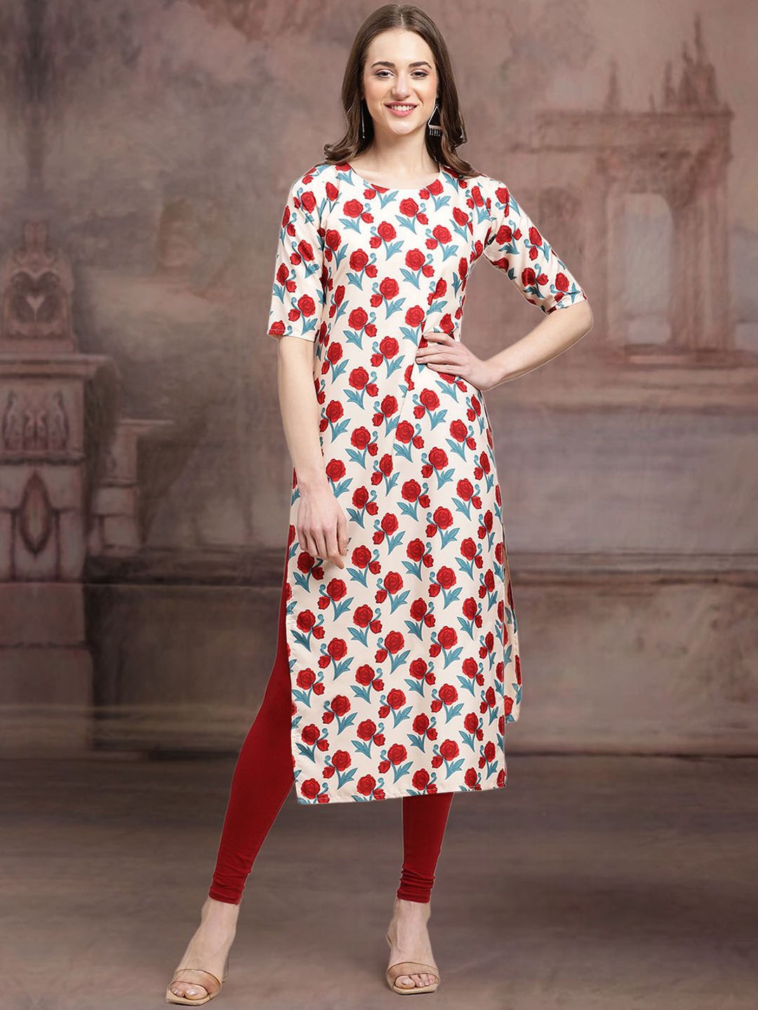 

7Threads Floral Printed Crepe Straight Kurta, Red
