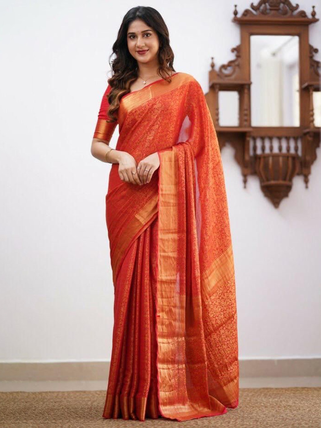 

Marziyaa Woven Design Zari Silk Cotton Designer Banarasi Saree, Red