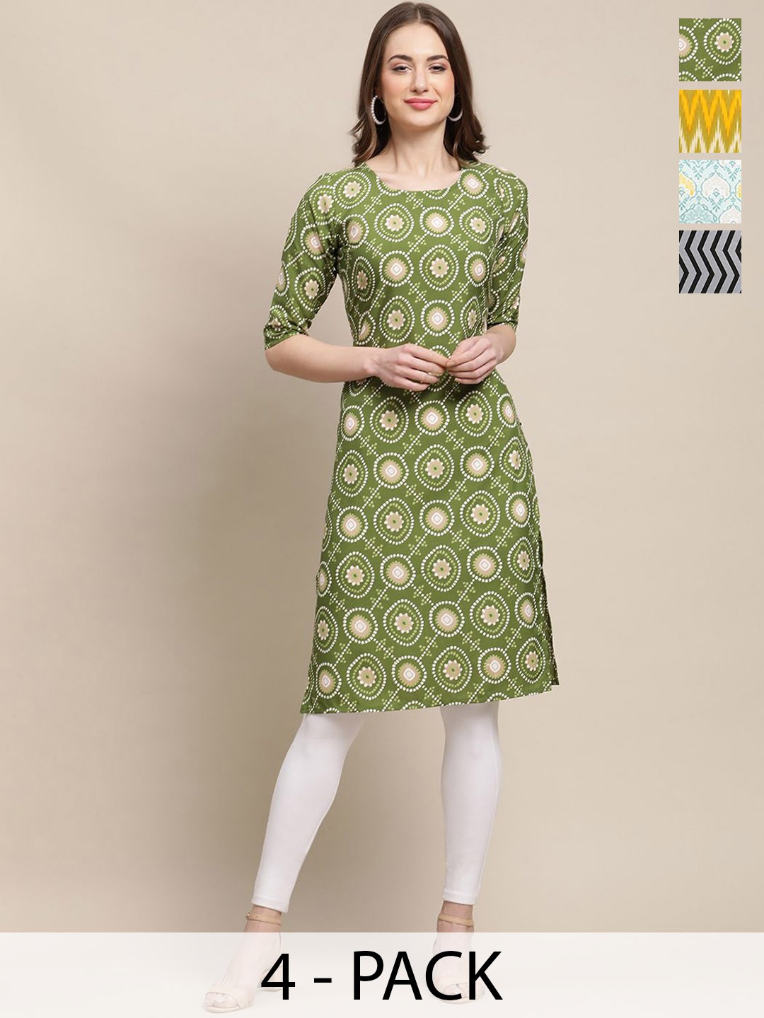 

7Threads Selection Of 4 Ethnic Motifs Printed Straight Kurtas, Olive