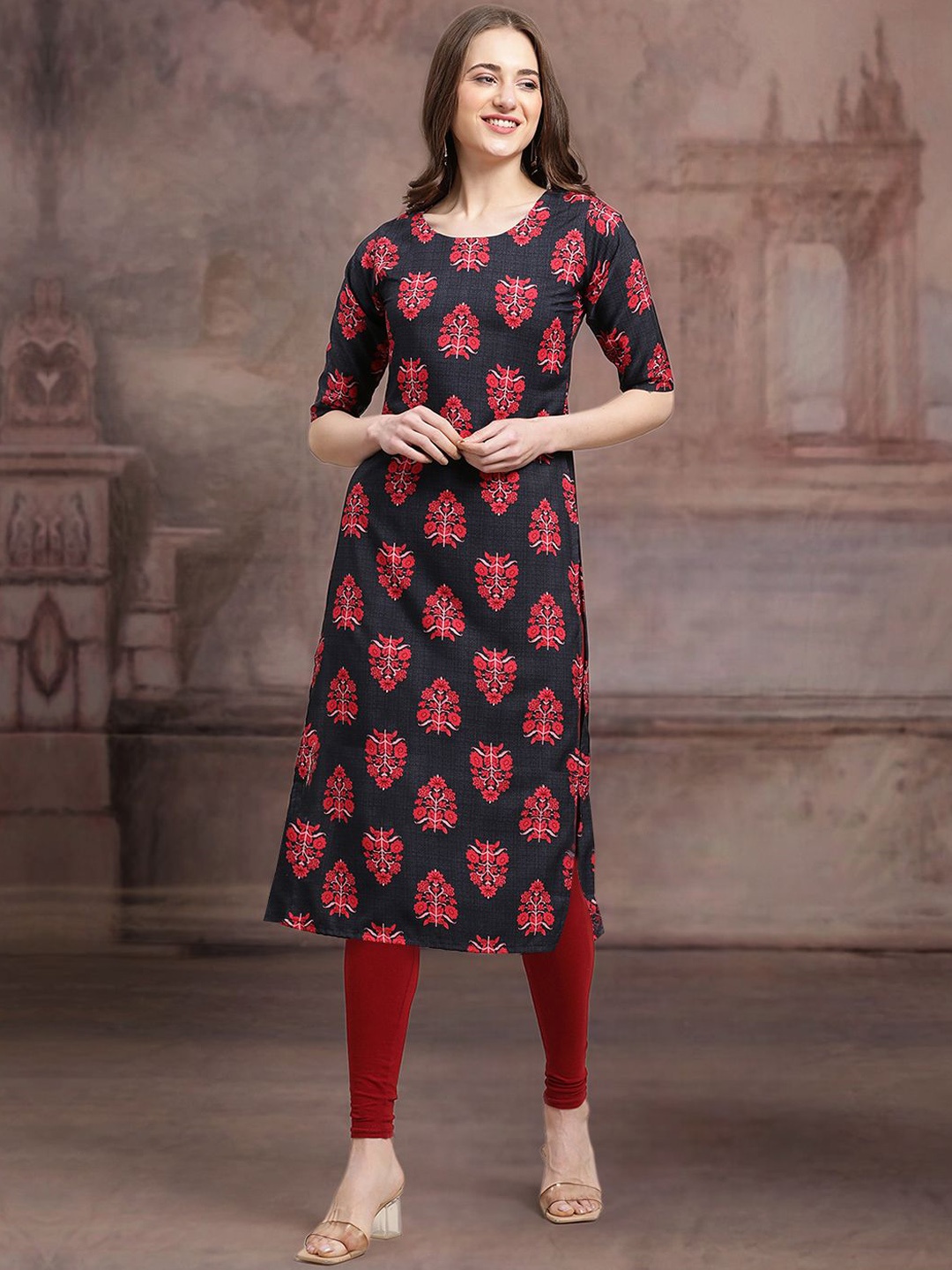

7Threads Ethnic Motifs Printed Straight Kurta, Blue